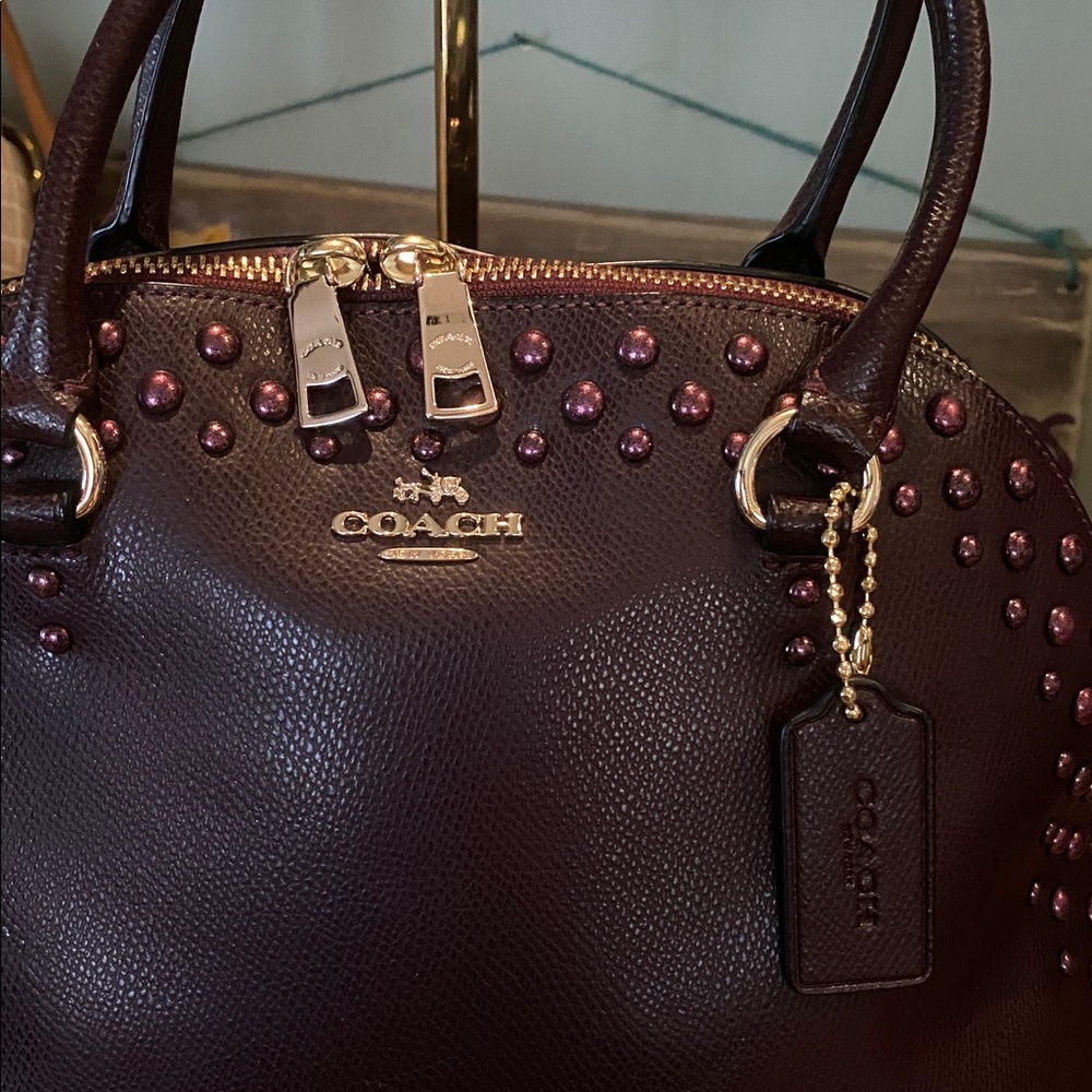 Coach Cora Domed Satchel with Border Studs in Burgundy Crossgrain Leather - Picture 6 of 13